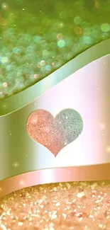 Glitter heart design in green and gold tones for mobile wallpaper.