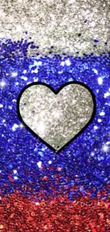 Glittery heart wallpaper with red, blue, and silver sparkling gradients.