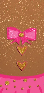 Brown background with pink bow and glitter hearts.