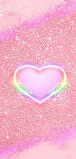 Sparkling pink heart with rainbow glow on glittery pink background.