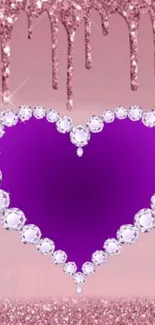 Sparkling heart with diamond border on pink background.