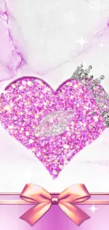 Pink glitter heart with crown and bow design mobile wallpaper.