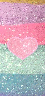 Colorful glitter rainbow wallpaper with a pink heart.