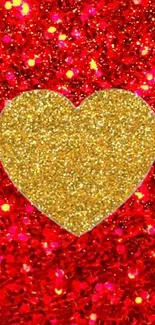 Gold glitter heart on red sparkly background mobile wallpaper.