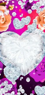 Glitter heart and roses with vibrant purple background.