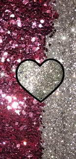 Mobile wallpaper with sparkling pink and silver glitter heart design.