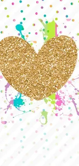 Gold glitter heart with colorful splash background.