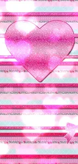 Pink glitter heart wallpaper with stripes and bow.