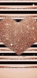 Rose gold glitter heart with chic stripes on wallpaper.