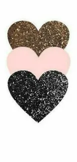 Three glittery hearts in gold, pink, and black on white background.