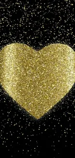 Gold glitter heart on black background for mobile wallpaper.