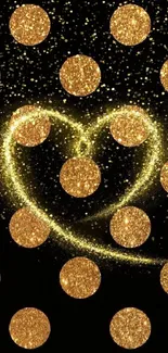 Black wallpaper with gold glitter heart and circles.