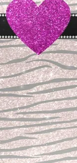 Pink glitter heart mobile wallpaper with zebra stripes and black ribbon.