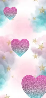 Mobile wallpaper with glitter hearts and golden stars on pastel clouds.