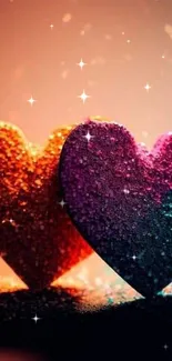 Two glittery hearts in vibrant colors with a sparkling effect.