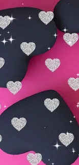 Dark hearts and glitter on pink background mobile wallpaper.