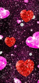 Sparkling pink and red heart-shaped gems on a starry background for mobile wallpaper.