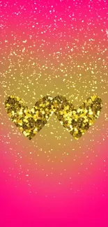 Golden glitter hearts on pink wallpaper background.