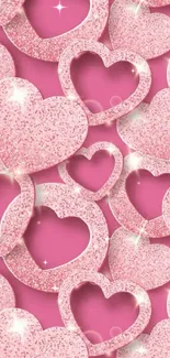 Glittery pink hearts on a vibrant pink background.