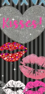 Mobile wallpaper with glittery hearts and colorful lips.