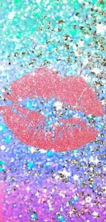 Glittery pink lips on turquoise and purple sparkling background.