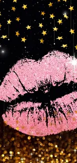 Glittery pink lips with stars on black background.