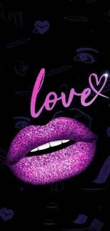 Mobile wallpaper with glittery pink lips and love text on black background.