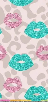 Mobile wallpaper with glitter lips in pink and teal against a leopard print background.