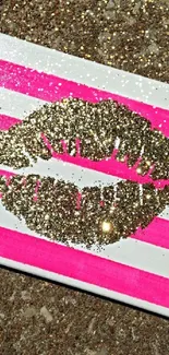 Glittery lips on a pink and white striped canvas.