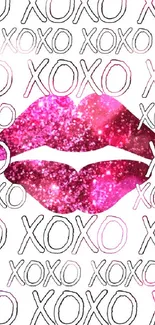 Sparkling pink glitter lips with XOXO pattern on white background.