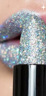 Close-up of lips with glitter lipstick.