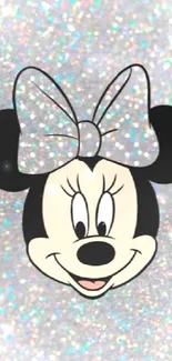 Charming glittery Minnie Mouse wallpaper on silver background.