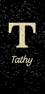 Stylish black wallpaper with glittery letter T and name Tathy.