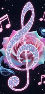 Glittering music note with ethereal roses and notes.