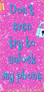 Pink glittery lock screen with playful message and colorful padlocks.