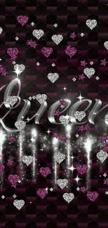 Glittery Queen text with hearts and stars on dark wallpaper background.