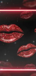 Glitter red lips on a black background with neon accents.