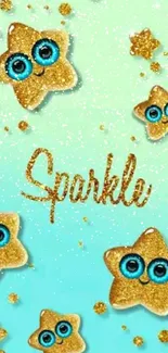 Sparkle wallpaper with glittery gold stars and blue-eyed design.