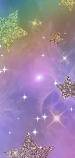 Dreamy multicolored glitter stars wallpaper with a purple galaxy background.