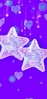 Glittering stars and hearts on a purple background wallpaper.