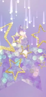 Glittery gold stars on a purple background wallpaper.