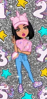 Cartoon girl with glitter background and unicorns.