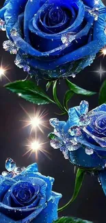 Blue roses with glitter and crystals on a dark background.