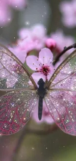 Sparkling butterfly on pink blossom in natural setting.