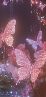 Glittering butterflies in a magical night garden setting.