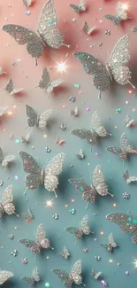 Glittering butterflies on pastel background wallpaper.