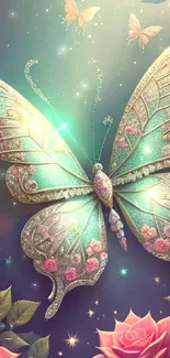 Glittering butterfly with roses in fantasy style wallpaper.