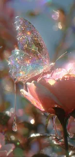 Glittering butterfly on a blooming rose with sparkling background.