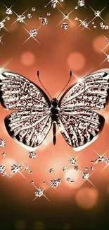 Glittering butterfly on copper background with sparkles.