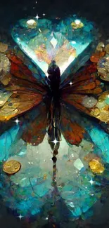 Shimmering butterfly with gold coins and vivid blue hues.